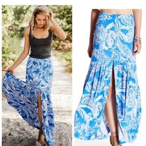 Free People Boho Blue and White Paisley Maxi Skirt Lined Button Front Side Zip
